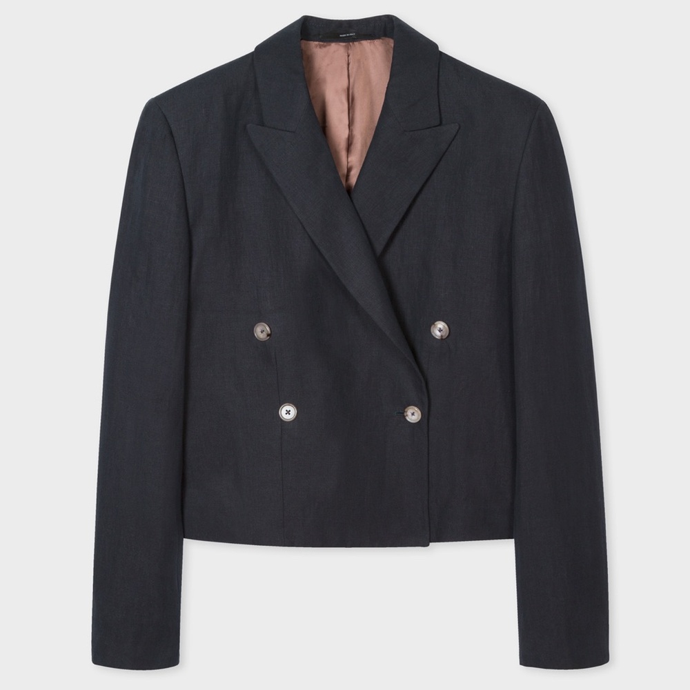 Paul Smith Women's Navy Linen Cropped Double-Breasted Blazer 42R 6